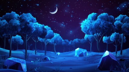 Low poly forest at night with glowing blue trees and crystal rocks scattered through the terrain against a dark purple background