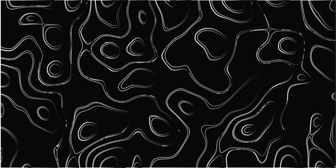 Detailed grayscale topographic contour lines creating an intricate abstract pattern on a deep black background, perfect for graphic design and artistic textures
