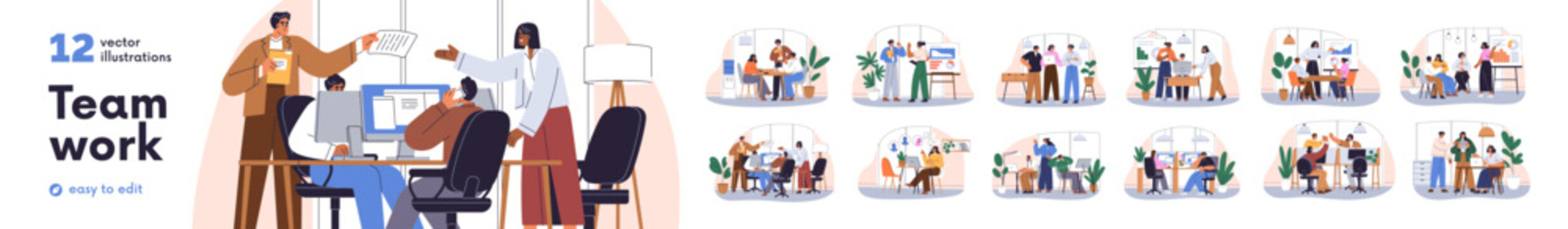 Teamwork in office. Business communication, brainstorming, professional ideas discussion. Colleagues collaboration, meeting. Team, group work. Flat vector illustration set isolated on white background