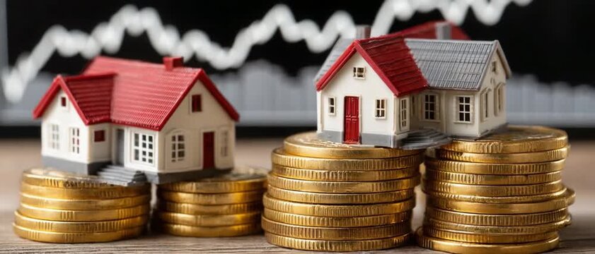 Investing in Real Estate: Miniature houses sit atop stacks of coins, against the backdrop of a fluctuating stock graph, symbolizing the dynamic world of property investment.