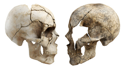 Intricate human skulls, cracked and aged, face each other, evoking mortality and the passage of time, perfect for gothic horror or medical themes