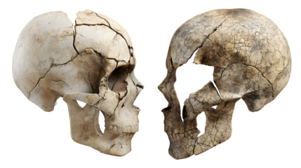 Intricate human skulls, cracked and aged, face each other, evoking mortality and the passage of time, perfect for gothic horror or medical themes