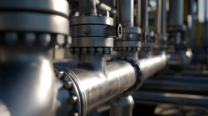 Close-up of industrial metal pipes with bolted flanges, connecting segments. Silver, weathered surfaces show wear. Complex system infrastructure for processing or transportation.