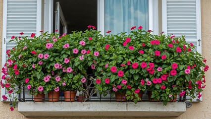 Naklejka premium A balcony window with a large collection of mixed potted green plants and pink Geraniums, decorated with fresh flowers on the exterior of an apartment building during summer.