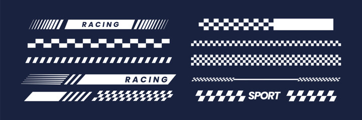 Set of racing stripes and checkered flag isolated on dark blue background. Sports racing stripes. Sports car, moto, boat stickers, striped vehicle tuning bars flat vector illustration set.