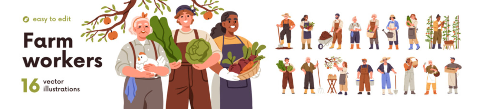 Happy agricultural workers set. People during farm and garden works with crop, harvest, shovel. Farmers, countryside rural characters farming. Flat vector illustrations isolated on white background.