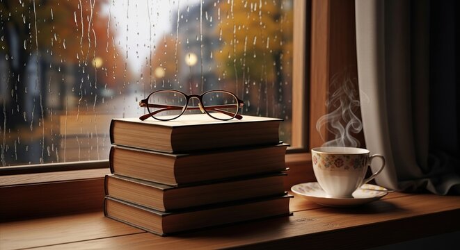 Cozy rainy day reading books and coffee by window aesthetic study relax home office background image - Powered by Adobe