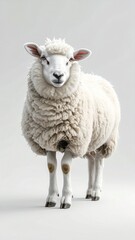 Fototapeta premium A single fluffy white sheep standing and looking forward in a studio.