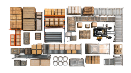 Large warehouse packing section with stacked boxes and equipment top view isolated on a Transparent background, PNG file.