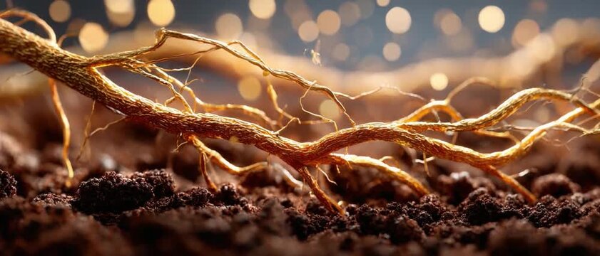 Root System in Soil: Unveiling the intricate network of a plant's root system, where fine threads of life intertwine with the nourishing soil, with a subtle play of light creating an ethereal glow.