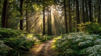 Obraz premium A forest path is illuminated by the sun, creating a peaceful and serene atmosphere. The sunlight filters through the trees, casting a warm glow on the path and the surrounding foliage