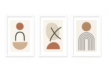 Abstract geometric wall art triptych on transparent background