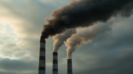 Three towering smokestacks release dark plumes into a cloudy sky, highlighting the impact of industrial emissions on the environment and the urgent need for cleaner energy.