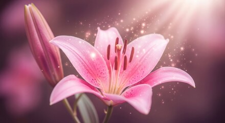 Fototapeta premium A pink lily with sparkles and sunlight in the background.