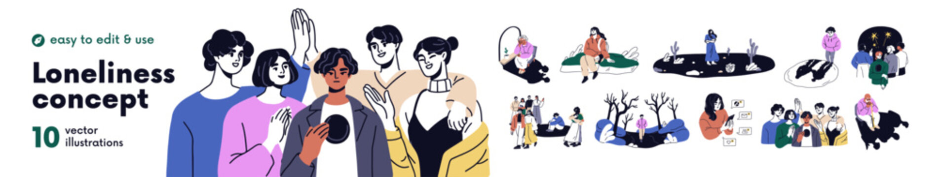 Lonely people feeling sadness in solitude set. Loneliness psychology concept. Single introvert character, solitary, sad outcast alone. Flat graphic vector illustrations isolated on white background. 