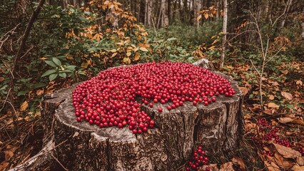 The forest stump is covered with ripe cranberries. The concept of a background image with berries. Collection of red berries of northern cranberries in autumn.