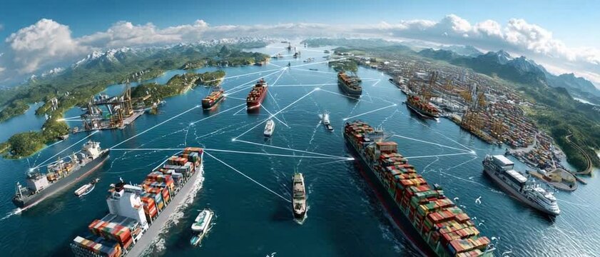 Maritime Network: Aerial perspective of cargo ships navigating a vast waterway, connected digitally, highlighting global trade and the movement of goods.