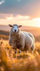 Fototapeta premium Fluffy white sheep standing in a golden field at sunset.