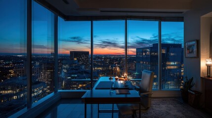 Obraz premium A stunning view of the city skyline at dusk from a sleek office. A wooden desk is positioned by large windows showcasing colorful sunset hues illuminating the buildings.