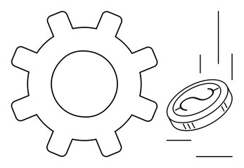 Large gear and falling coin symbolizing the link between productivity and economy. Ideal for business, finance, innovation, manufacturing, investment, strategy, savings. Simple flat metaphor