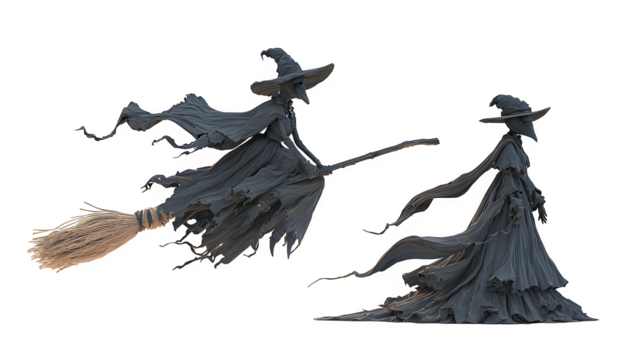 Eerie Halloween night scene features a witch flying on a broomstick, casting spells and soaring through the dark skies in a vintage style