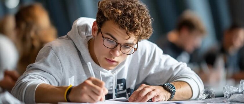 Focused student: A young individual, immersed in study, bends over papers, embodying concentration and academic diligence.