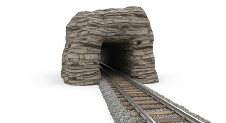 Miniature Model Train Track Entering a Dark Stone Tunnel on a White Background.
