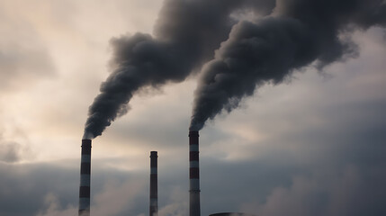 Smokestacks billow with dark smoke against a clouded sky, symbolizing industry's impact. A visual representation of pollution, global warming, and environmental issues.