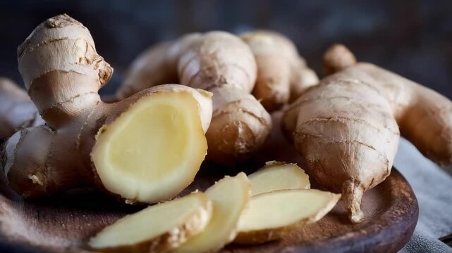 Fresh ginger roots with sliced pieces on a wooden board.