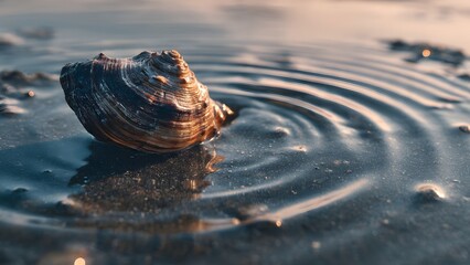 Shell's Solitude: A captivating close-up of a lone seashell resting on a sandy beach, where the serene water ripples around it under the warm embrace of the sun.
