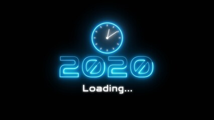 Neon light new year text illustration. Neon year's with clock symbol.