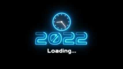 Neon light new year text illustration. Neon year's with clock symbol.