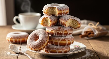 A stack of powdered sugar donuts on a plate with a cup of coffee and a bowl of cinnamon sticks in the background.