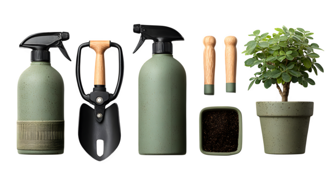 Plant care set, spray mister pruners and soil scoop, neat layout, isolated on white background