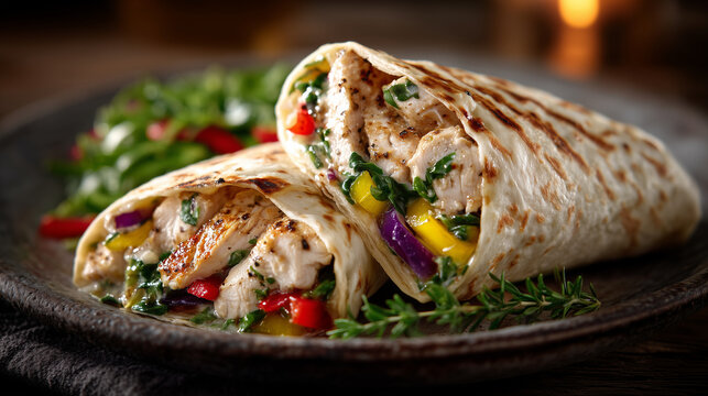 Delicious wrap on a rustic plate, chicken and vegetables spilling out slightly, colorful peppers and greens illuminated by soft warm light