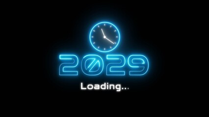 Neon light new year text illustration. Neon year's with clock symbol.