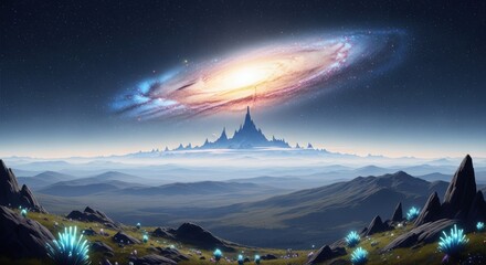 A majestic galaxy with a towering structure in the distance, surrounded by a vast expanse of mountains and a serene sky.