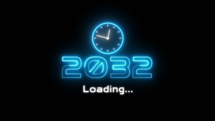 Neon light new year text illustration. Neon year's with clock symbol.