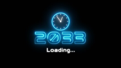 Neon light new year text illustration. Neon year's with clock symbol.