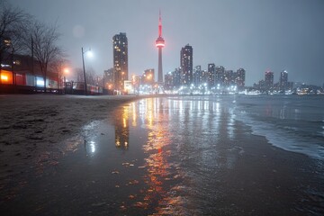 city skyline at night with reflection in water