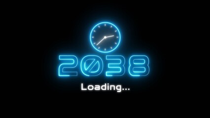 Neon light new year text illustration. Neon year's with clock symbol.