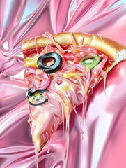 Fototapeta premium A bizarre pop art pizza slice with kiwi and olives on pink satin