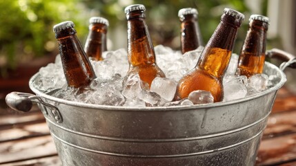 A metal bucket filled with ice holds several brown bottles of beer ready to be enjoyed during a relaxed outdoor event on a sunny day.