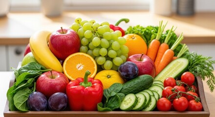 A colorful assortment of fruits and vegetables in a wooden tray on a kitchen counter.