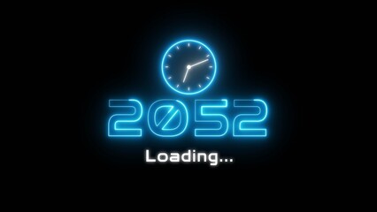 Neon light new year text illustration. Neon year's with clock symbol.