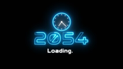 Neon light new year text illustration. Neon year's with clock symbol.