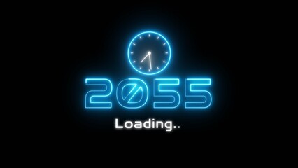 Neon light new year text illustration. Neon year's with clock symbol.