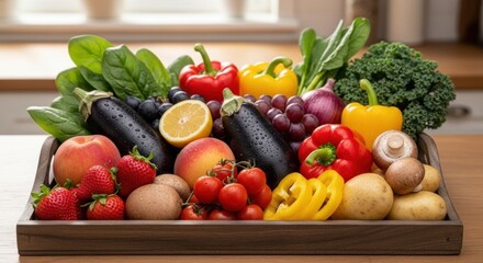 A variety of fresh fruits and vegetables in a wooden tray on a kitchen counter.