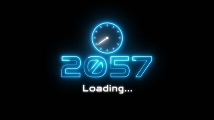 Neon light new year text illustration. Neon year's with clock symbol.