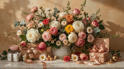 A beautiful collection of flowers and gifts expressing love, with elegant wrapping and ornaments.